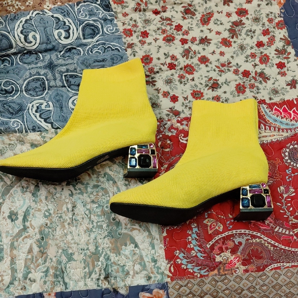 Bright Yellow Gem-Embellished Heel Sock Booties